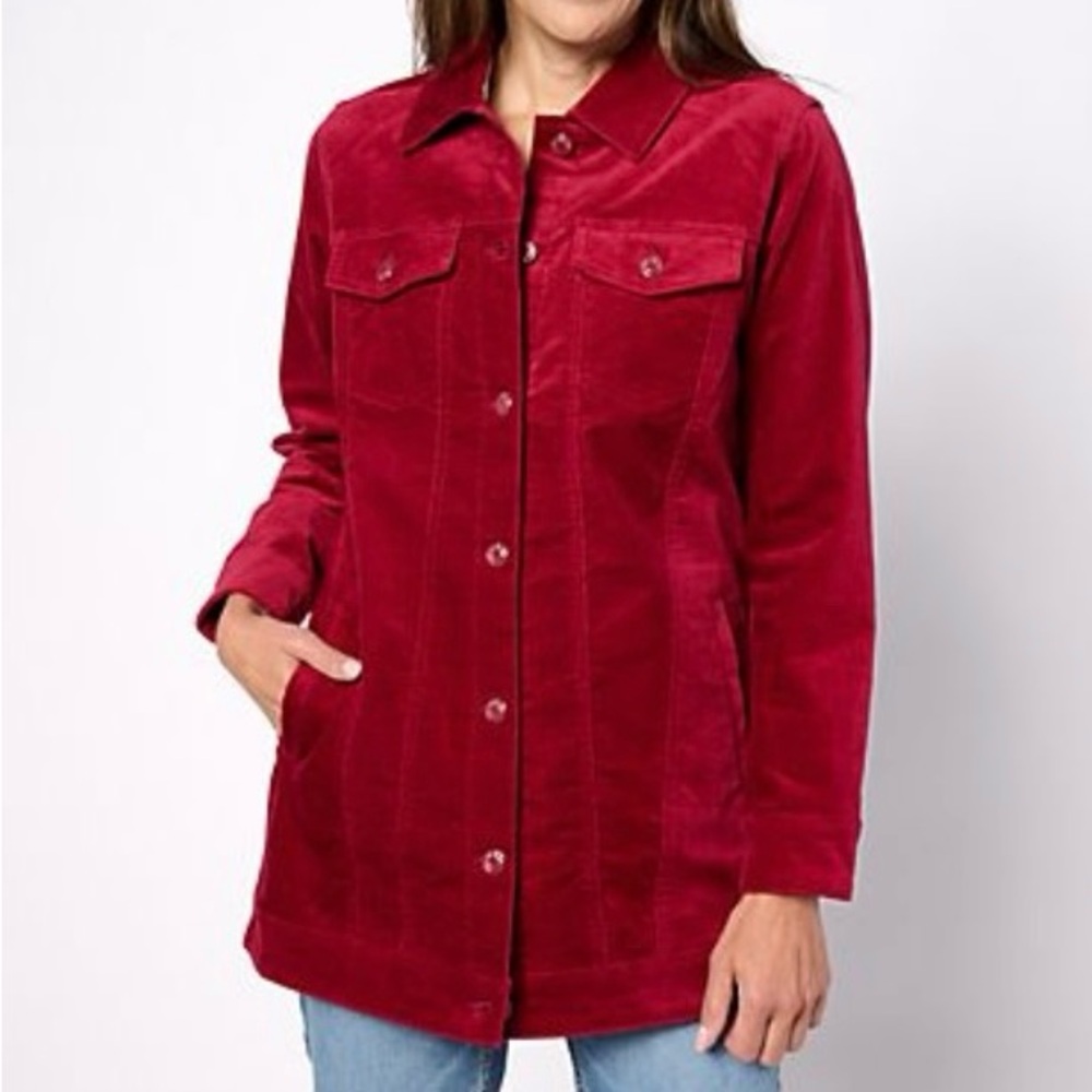 QVC Denim & Co. Stretch Velveteen Petite Long Jacket 
NWOT